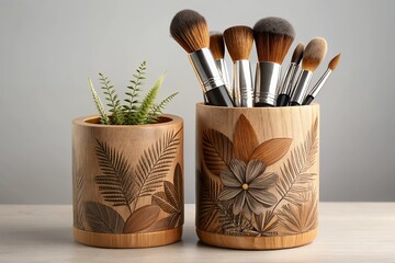 Elegant Wooden Makeup Brush Holder with Tropical Leaf Design