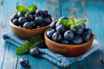 Fresh Blueberries in Wooden Bowls on a Blue Table with Mint, for Food Presentation