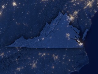 Virginia as seen from space at night with visible state borders. Contains modified Copernicus Sentinel data 2025.