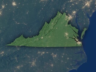 Very detailed night map of Virginia with clear state borders and visible cities. Contains modified Copernicus Sentinel data 2025.