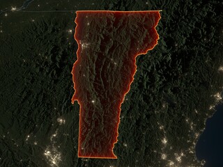 Detailed night map of Vermont with red state borders and glowing city lights. Contains modified Copernicus Sentinel data 2025.