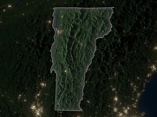 Detailed night map of Vermont with clear state borders and glowing city lights. Contains modified Copernicus Sentinel data 2025.