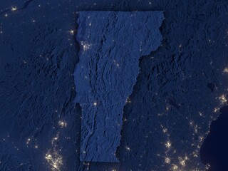 Vermont as seen from space at night with visible state borders. Contains modified Copernicus Sentinel data 2025.