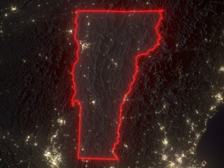 Night map of Vermont with red state borders and glowing bright city lights. Contains modified Copernicus Sentinel data 2025.