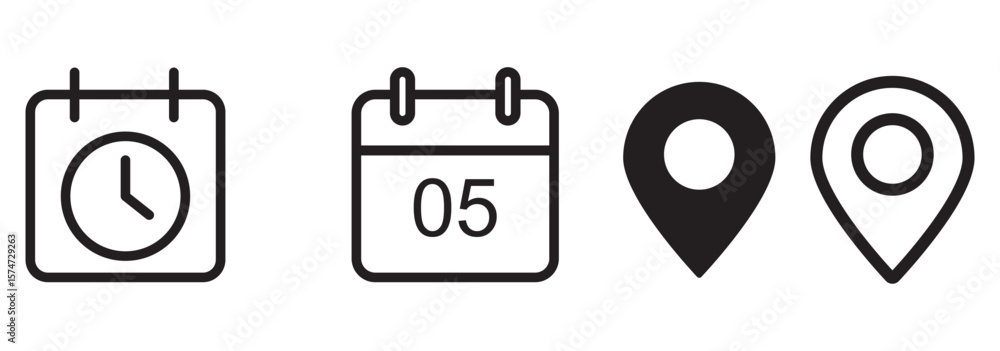 Aufkleber address. time, and date icon vector. event elements isolated on transparent background. clock, pin m