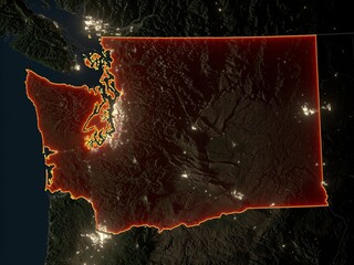 Detailed night map of Washington with red state borders and glowing city lights. Contains modified Copernicus Sentinel data 2025.