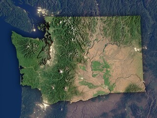 Very detailed night map of Washington with clear state borders and visible cities. Contains modified Copernicus Sentinel data 2025.