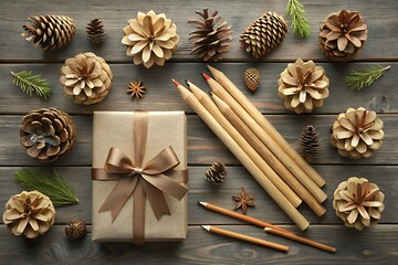 Rustic Wooden Pencil Set with Gift and Pinecones A Cozy Autumn Flat Lay