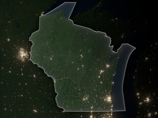 Detailed night map of Wisconsin with clear state borders and glowing city lights. Contains modified Copernicus Sentinel data 2025.