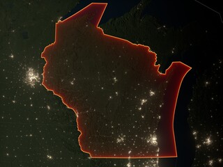 Detailed night map of Wisconsin with red state borders and glowing city lights. Contains modified Copernicus Sentinel data 2025.