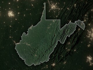 Detailed night map of West Virginia with clear state borders and glowing city lights. Contains modified Copernicus Sentinel data 2025.