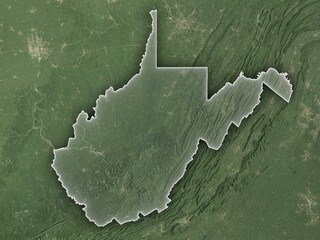 Realistic view of West Virginia from space with clear state borders. Contains modified Copernicus Sentinel data 2025.