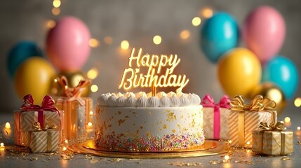 Birthday celebration cake with gifts and balloons festive atmosphere