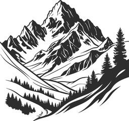 Mountain Road Scene with Trees, Black and White Silhouette