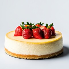Creamy Cheesecake Topped with Fresh Strawberries on White Background
