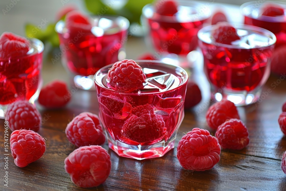 Poster glasses with ice and raspberries containing a refreshing raspberry liqueur are arranged on a wooden 
