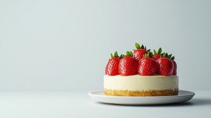 Delicious cheesecake topped with fresh strawberries on white plate