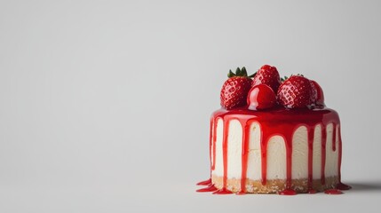 Fresh Strawberry Cheesecake with Red Sauce on Gray Background