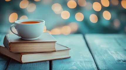 Tea Cup Resting on Books with Warm Bokeh Lights in the Background