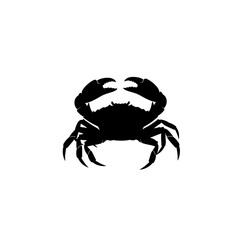 A silhouette illustration of a crab with large claws raised on a white background in a simple style