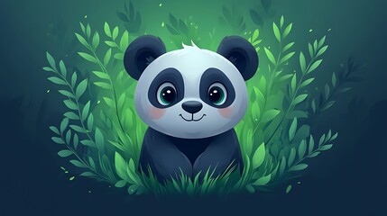 Cute panda cub nestled in lush foliage.