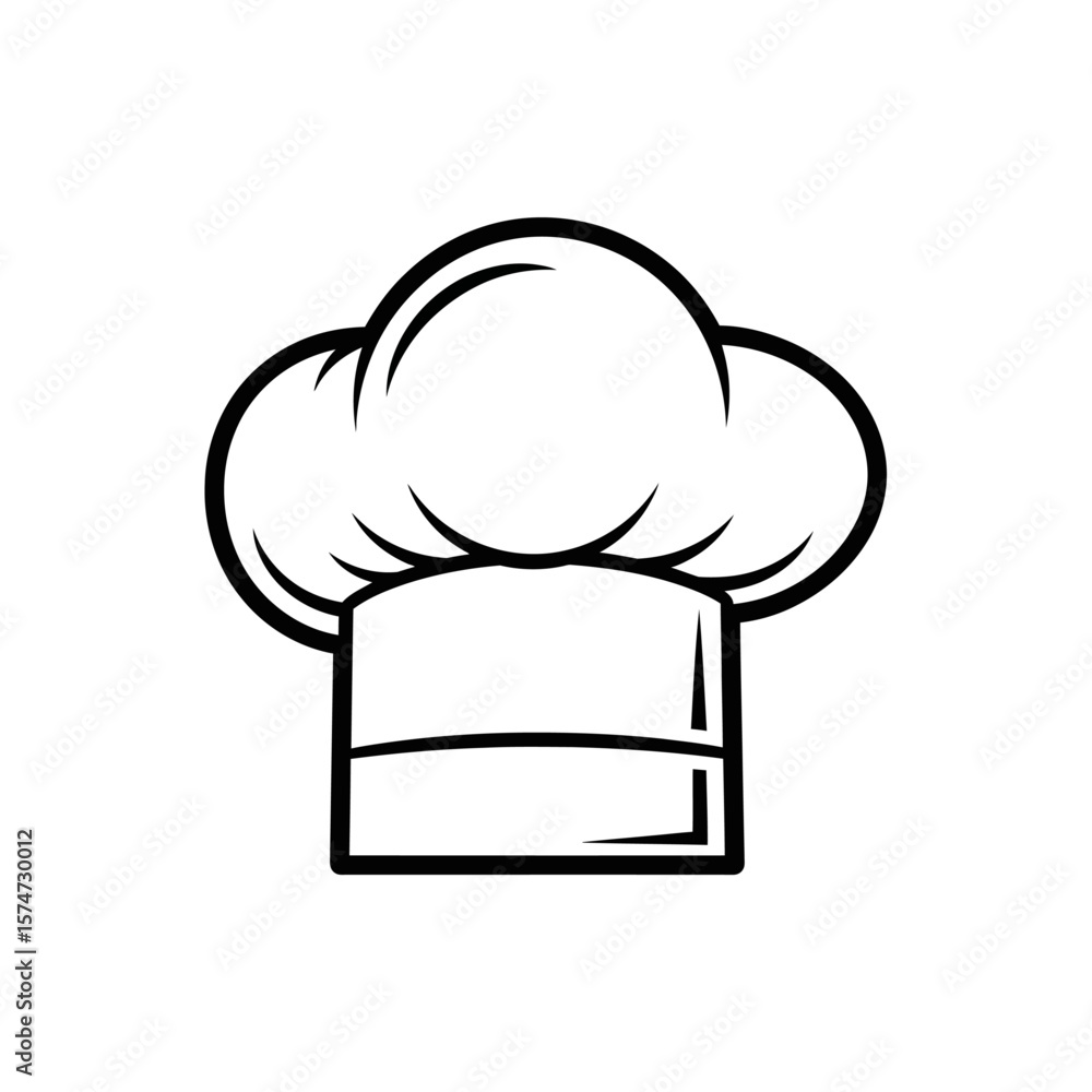 Poster a simple black and white line drawing of a chef's hat with a puffy top and a rectangular base shape