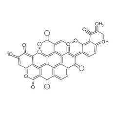 Detailed illustration of a complex chemical structure with hexagonal rings and functional groups shown clearly © Nur