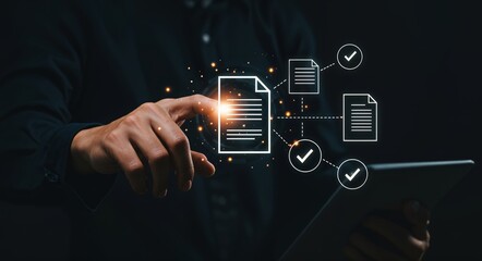 Businessman holding digital contract icon, representing touchless procurement workflow, paperless invoice approval, B2B management, and secure document verification in ERP systems.