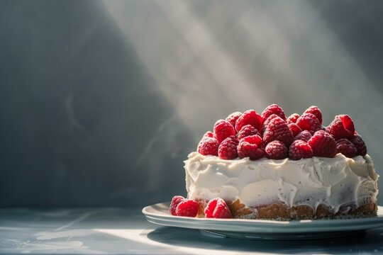 Fresh homemade raspberry cake with cream on a plate illuminated by a ray of light