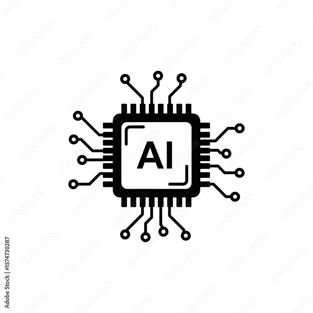 Poster a black and white graphic of a computer chip with the letters ai in the center on a white background