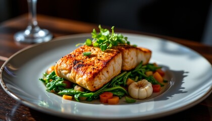 Pan Seared Fish Fillet with Saut ed Greens and Vegetables Panseared Seafood