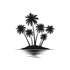 Silhouette of a small island with several palm trees reflected in the water on a light background