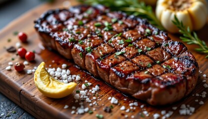 Grilled steak on wooden board with lemon and herbs Close up view of seasoned juicy beef