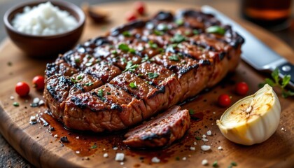 Grilled steak sliced on wooden board garnished with parsley and sea salt Close up view of a juicy steak