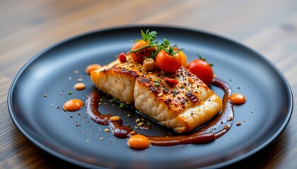 Grilled fish fillet with cherry tomatoes herbs and sauce on a black plate