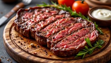 Sliced grilled steak on wooden board with herbs and spices Close up view of a juicy medium rare steak