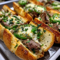 Sliced Bread Topped with Juicy Meat, Fresh Herbs, and Spicy Peppers