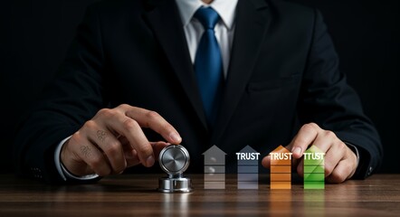 Businessman adjusting trust level knob to maximum, symbolizing trusted partnerships, business confidence, reliability, and long-term financial or corporate relationship development.