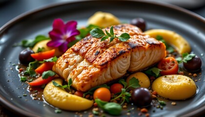 Pan Seared Fish Fillet with Mashed Potatoes Herbs and Roasted Vegetables