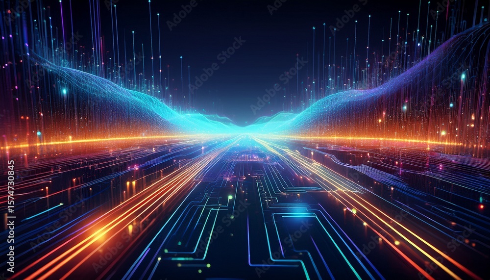 Poster abstract digital landscape with glowing circuitry and data streams visualization
