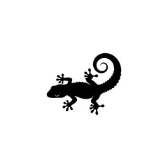 A silhouette of a gecko with a curled tail on a white background in a minimalist style design art