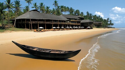 Tropical beach resort with traditional boat.