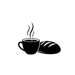 A black and white vector image of a cup of coffee with steam and a loaf of bread on a white background