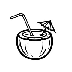 A black and white drawing of a coconut drink with a straw and a small paper umbrella in it