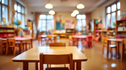 Obraz premium Blurred Background of an Empty Classroom or Lecture Hall with Desks and Chairs, Ideal for Education or Back to School Concepts