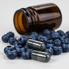 Bilberry Extract Capsules and Fresh Bilberries for Health and Wellness. 