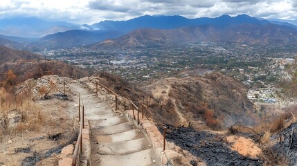 Concrete stairs leading down a hillside overlooking a city nestled in a valley.
