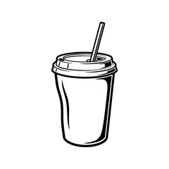 Monochrome illustration of a disposable cup with a lid and straw on a white background image