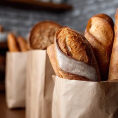 Freshly Baked Bread Rolls in Brown Paper Bags on Wooden Table