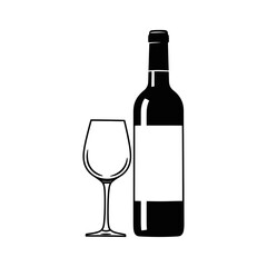 Illustration of a wine bottle with a blank label and an empty wine glass in black and white style